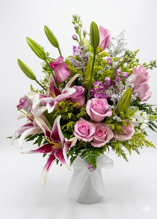 Bouquet of pink roses and lilies in a white vase on a white background