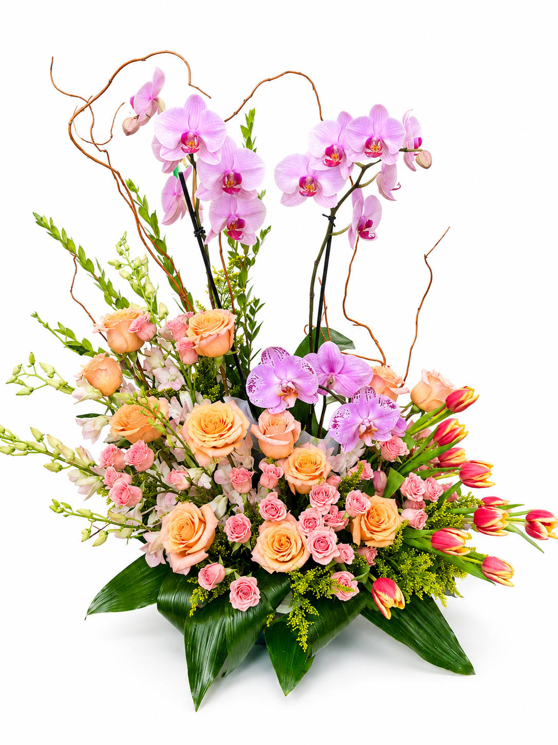 Large floral arrangement of purple orchids, coral roses, pink roses, and pink tulips