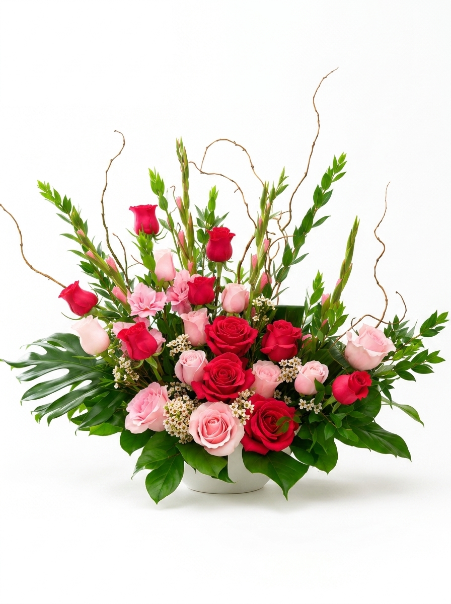 Floral arrangement with red and pink roses and greenery on a white background