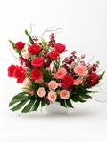 Bouquet of red and pink roses and pink gerbera daisies in a white vase on a white background