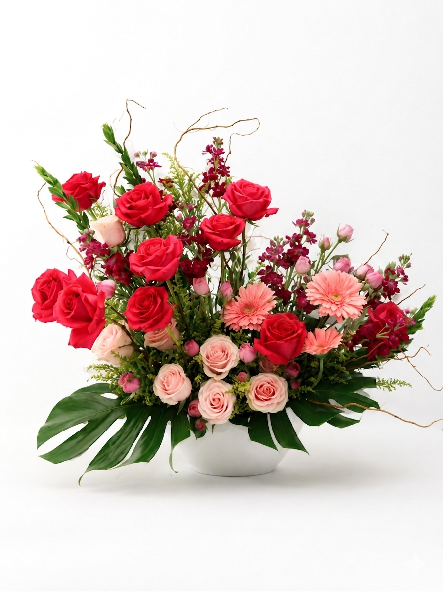 Bouquet of red and pink roses and pink gerbera daisies in a white vase on a white background