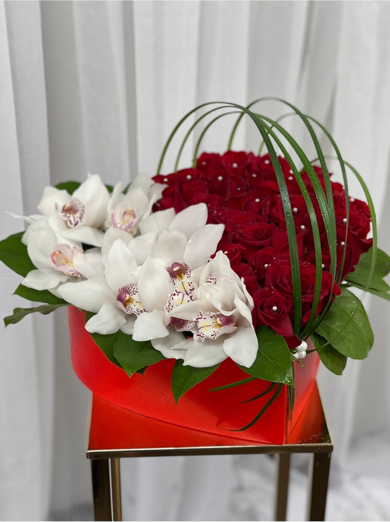Orchid and Roses Boxed Arrangement