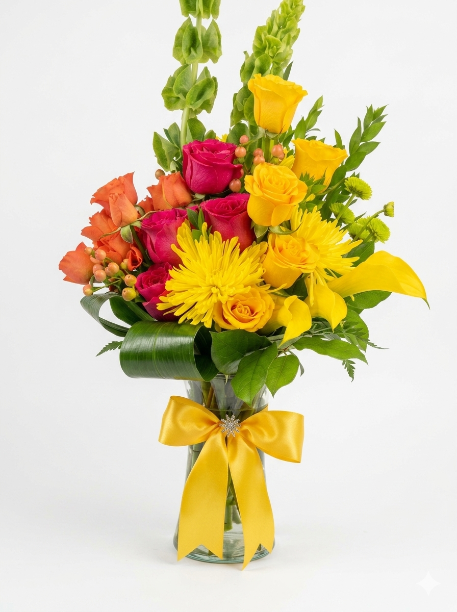 Bouquet of flowers with orange, yellow and pink roses in a clear vase on a white background